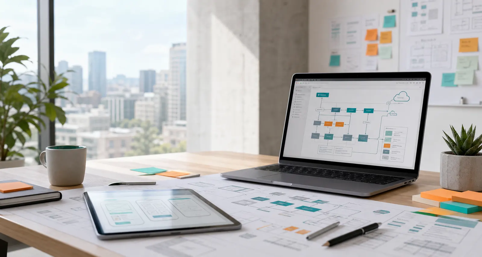 Technical planning workspace with software architecture diagrams